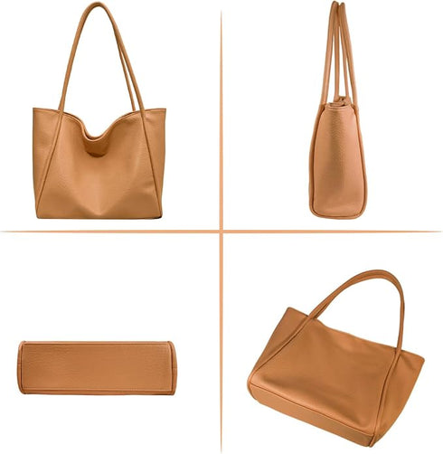 LassZone Khaki Large Vegan Leather Tote Bag for Women with Inner Zip Pocket