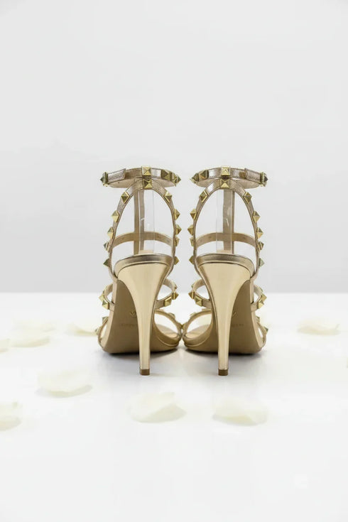 Women's Rose Gold Patent Gladiator Stiletto Heel Sandals Multi Strap Open Toe BS-5