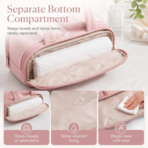 Pnrskter Large Pink Makeup & Toiletry Bag for Women – 4 Compartments with Wet and Dry Storage