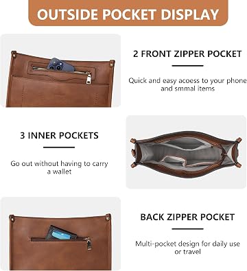 TANTOMI Women’s Brown Crossbody Bag with 7 Pockets, Adjustable Guitar Strap – Vegan Leather Hobo Shoulder Handbag