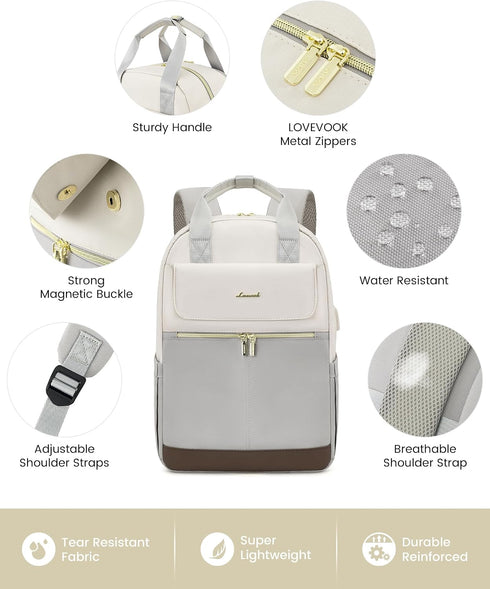 LOVEVOOK Women’s Light Grey 15.6-Inch Laptop Backpack – USB Port and Anti-Theft Pocket