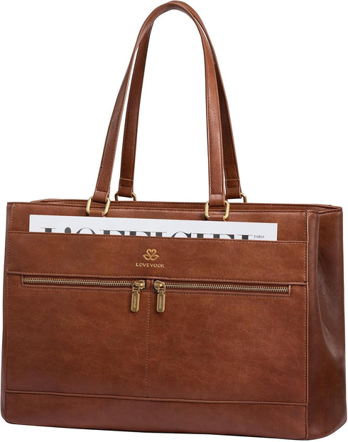 LOVEVOOK Women’s Brown Laptop Tote Bag – Vintage PU Leather Work Handbag