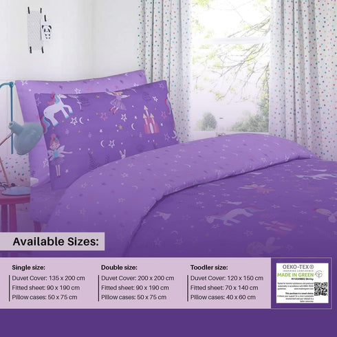 100% Cotton Kids Children's Bedding Set Reversible Duvet Cover with Pillowcase-Unicorn Purple