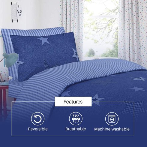 100% Cotton Kids Children's Bedding Set Reversible Duvet Cover with Pillowcase-Star Blue