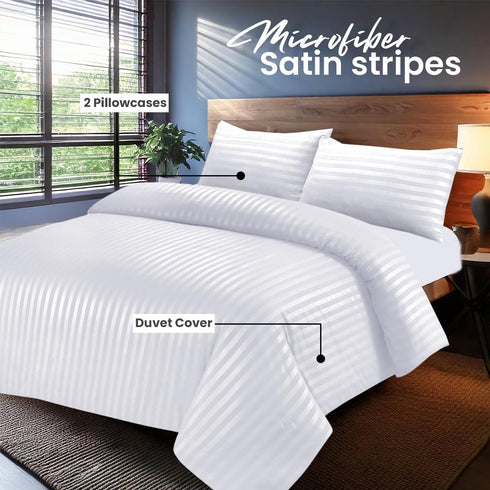 Bedding Set Brushed Microfiber Satin Stripes Easy Care Duvet Cover with Pillowcases - White