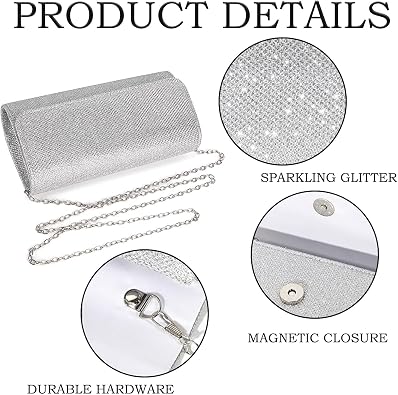 Women’s Silver Sequin Clutch Bag with Detachable Chain – Bridal Wedding, Prom and Evening Handbag