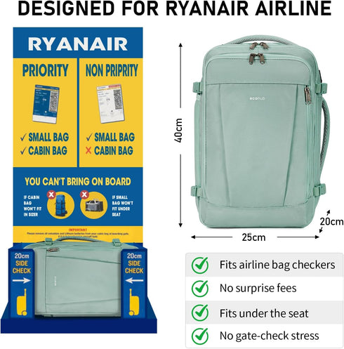 ECOHUB 20L Ryanair Cabin Light Green Backpack – 40 × 20 × 25 cm Beige Underseat Bag with USB Port