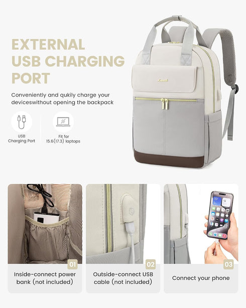 LOVEVOOK Women’s Light Grey 15.6-Inch Laptop Backpack – USB Port and Anti-Theft Pocket