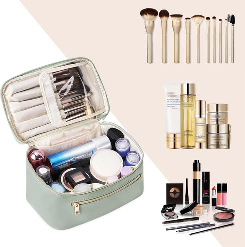 Women’s Large Green Travel Makeup Bag – PU Leather Cosmetic Case with Brush Compartment and Carry Handle