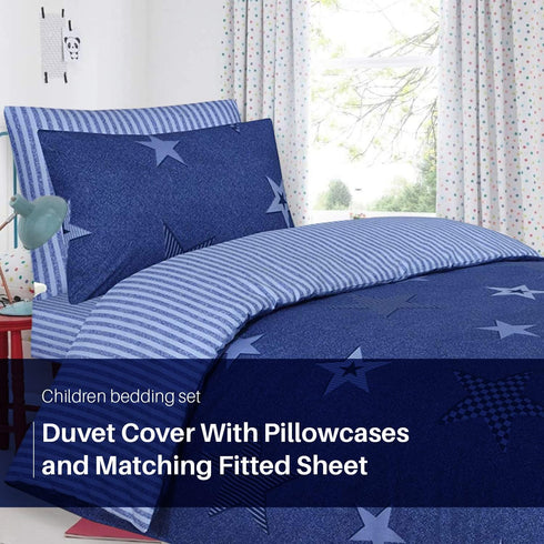 100% Cotton Kids Children's Bedding Set Reversible Duvet Cover with Pillowcase-Star Blue