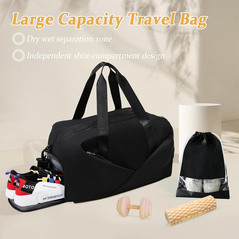 Black GLGHMH Large Gym Bag with Shoe Compartment & Wet Pocket – Lightweight Sports Travel Holdall with 2 Shoe Bags