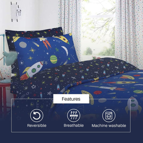 100% Cotton Kids Children's Bedding Set Reversible Duvet Cover with Pillowcase - Space Blue