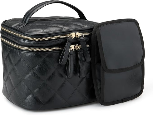 Essentials Women’s Quilted Makeup Bag with Brush Storage, Dual Compartments and Carry Handle