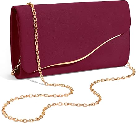 Women’s Burgundy Faux Suede Evening Clutch Bag with Detachable Gold Chain – Wedding and Party Purse