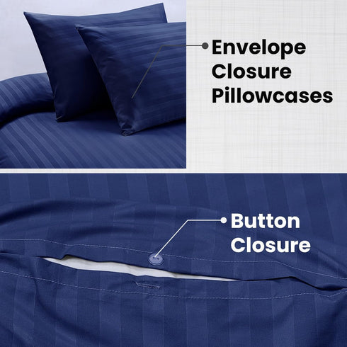 Bedding Set Brushed Microfiber Satin Stripes Easy Care Duvet Cover with Pillowcases - Navy Blue