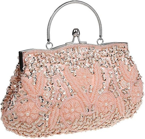 HONGCI Women’s Peach Rose Beaded Clutch Bag with Chain – Vintage Sequin Bridal and Evening Bag