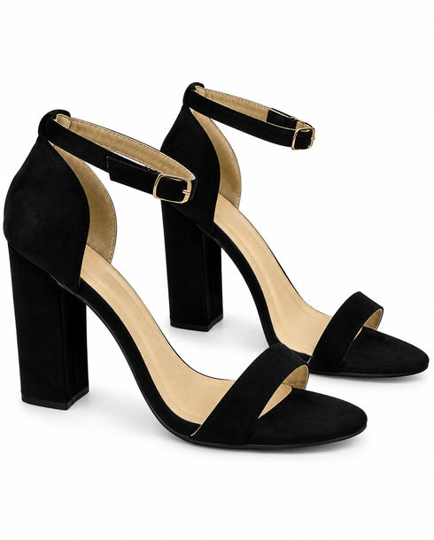 Women's Black Faux Suede Chunky Block High Heel Ankle Strap Peep Toe Sandals-BS 1810