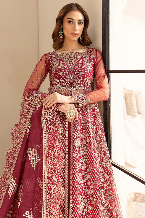 Farasha Embroidered Net Suit Carmine Allure