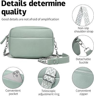 Women’s Light Green Small PU Leather Crossbody Camera Bag with Two Straps