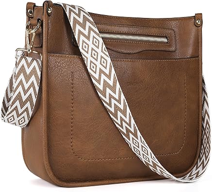 TANTOMI Women’s Brown Crossbody Bag with 7 Pockets, Adjustable Guitar Strap – Vegan Leather Hobo Shoulder Handbag