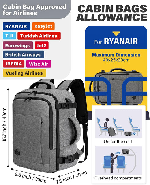 VANKEV Ryanair Light Gray Cabin Bag Underseat Travel Backpack Hand Luggage