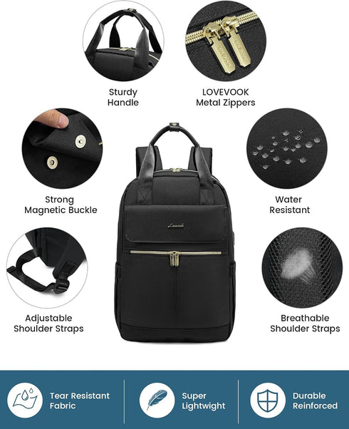 LOVEVOOK Women’s Black 15.6-Inch Laptop Backpack – USB Port and Anti-Theft Pocket