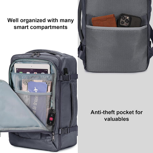 ECOHUB 20L Ryanair Cabin Dark Gray Backpack – 40 × 20 × 25 cm Beige Underseat Bag with USB Port