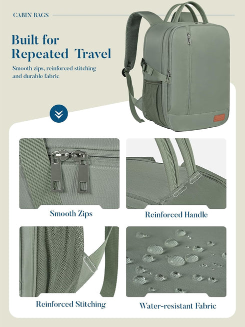 Gray Green Ryanair Cabin Bag 40x30x20 cm, Underseat Travel Backpack with Laptop Compartment, Wet Pocket and Bottle Holders