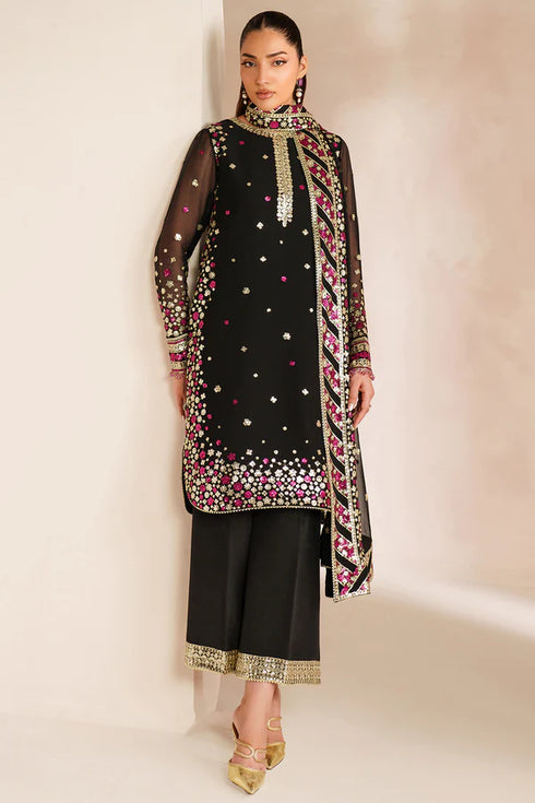 Farasha Embroidered Chiffon Suit Black Cascade