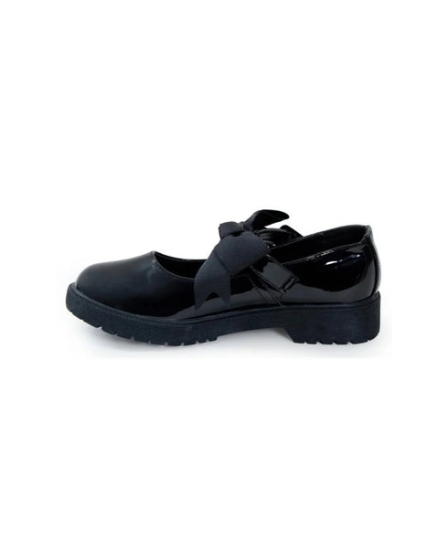 Girls Mary Jane School Shoes with Bow On Strap- Black Patent