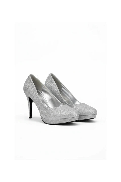 Silver Glitter Round Toe Diamante Stiletto High Heel Court Shoes – 014