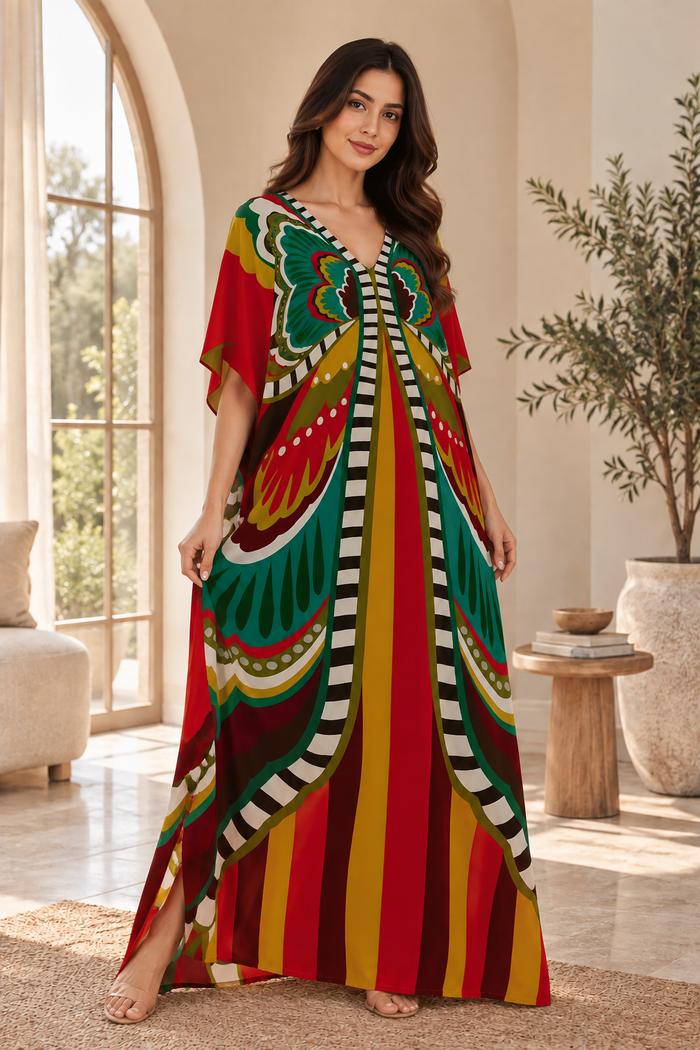 Women’s Red Butterfly-Print Plus-Size Kaftan Beach Cover-Up