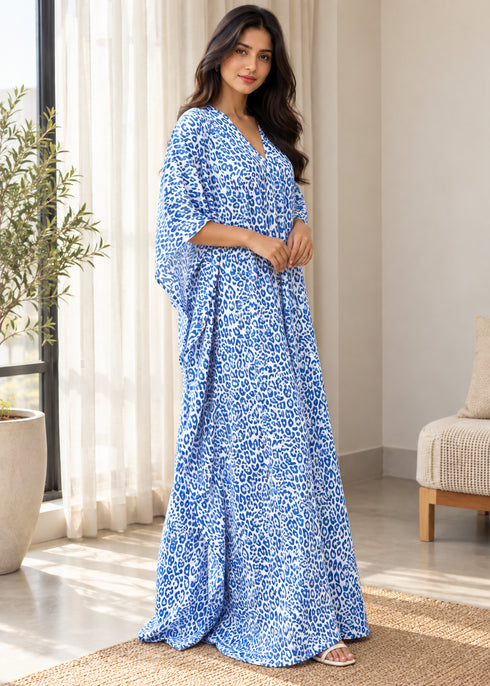 Women’s Blue Leopard-Print Maxi Kaftan Beach Cover-Up – Relaxed Fit