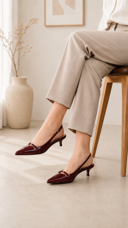 Women's Burgundy Slingback Kitten Heel Pointed Toe Shoes Latex Insole — G-56955-5