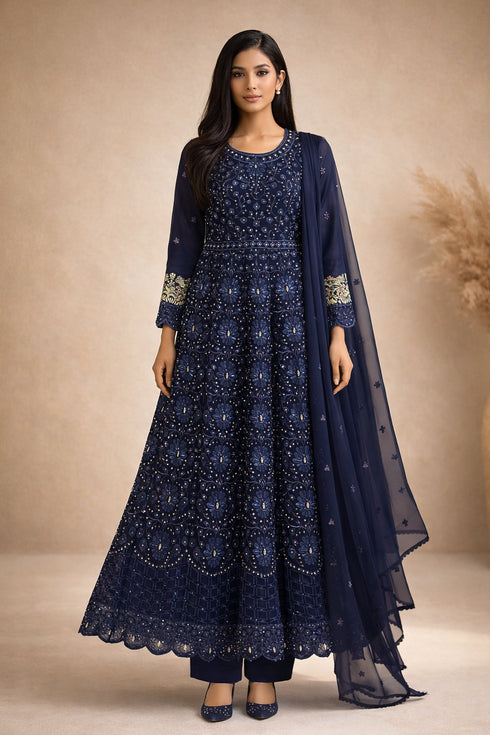 Baba Posh Navy Blue Embroidered Chiffon Maxi Suit with Sequins & Stone Work BP-01