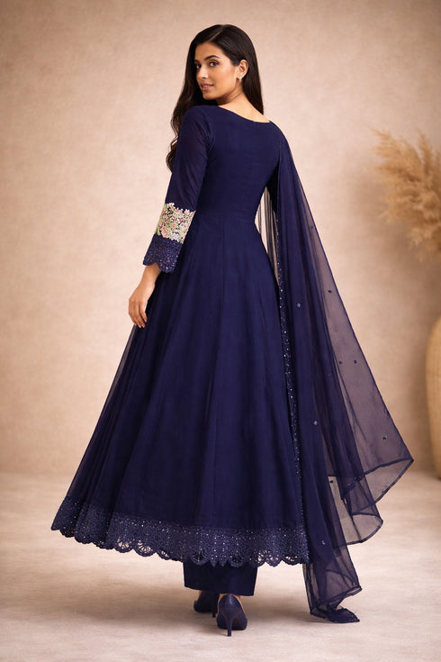 Baba Posh Navy Blue Embroidered Chiffon Maxi Suit with Sequins & Stone Work BP-01