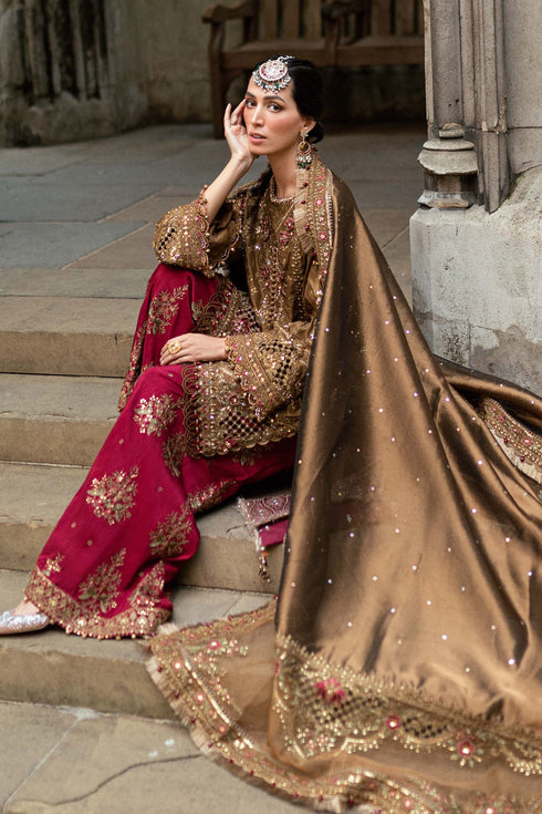 Maria B Embroidered Raw Silk Suit WF-09-04-Tambaku Brown