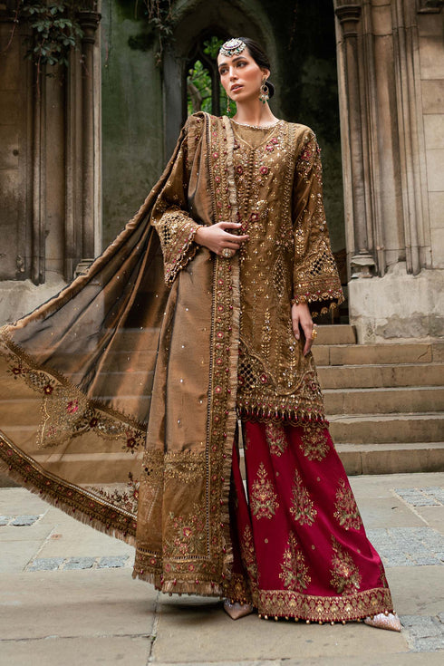 Maria B Embroidered Raw Silk Suit WF-09-04-Tambaku Brown