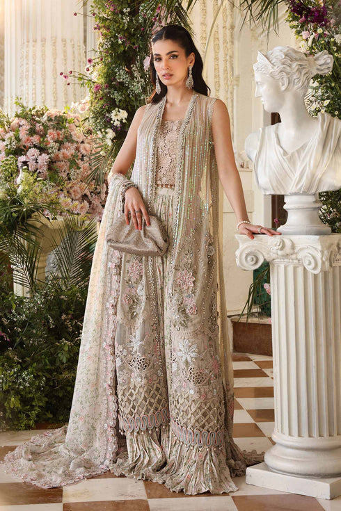 Maria B 3 Piece Embroidered Chiffon Suit MPC-26-107-Ivory Beige
