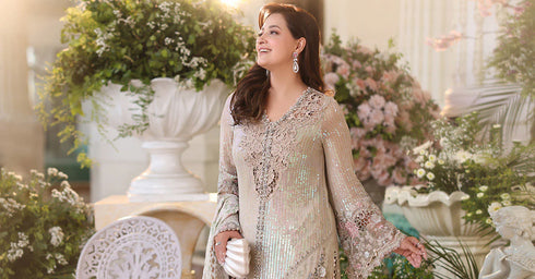 Maria B 3 Piece Embroidered Chiffon Suit MPC-26-107-Ivory Beige