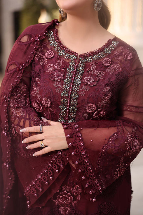 Maria B 3 Piece Embroidered Chiffon Suit MPC-26-108-Burgundy