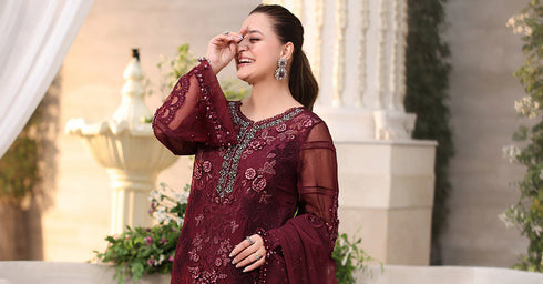 Maria B 3 Piece Embroidered Chiffon Suit MPC-26-108-Burgundy