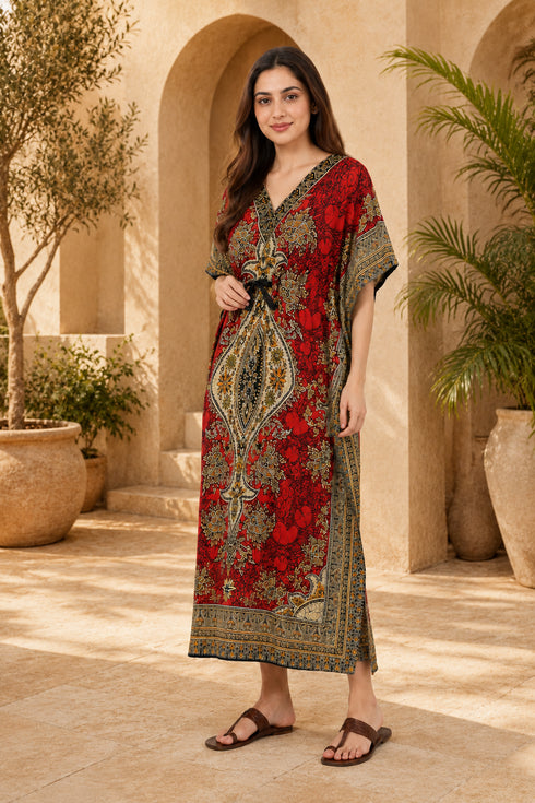 Divine Threads Women’s Floral Print Kaftan Dress – Plus Size V-Neck Beach Cover-Up with Drawstring Waist
