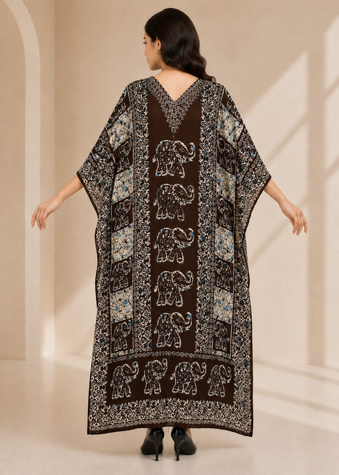 Women’s Pink Elephant Brown Kaftan Dress – Long Free-Size Batwing Maxi Cover-Up with Adjustable Strap
