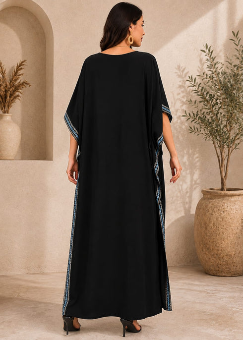 Women’s Embroidered V-Neck Kaftan Dress – Long Boho Beach Cover-Up with Batwing Sleeves