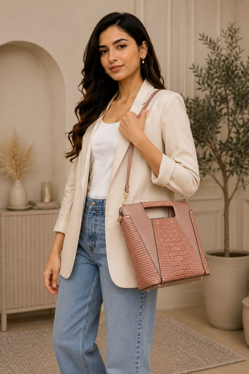 Faux Crocodile Rock N Roll V Handbag - Pink