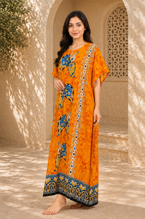 Women’s 100% Cotton Ethnic Print Kaftan Dress – Plus Size Long Beach Cover-Up with Pockets