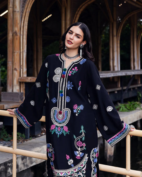 Mushq Embroidered Karandi Suit Midnight Rune