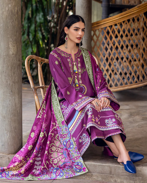 Mushq Embroidered Karandi Suit Plum Swirl