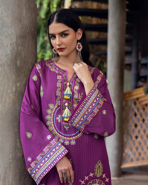 Mushq Embroidered Karandi Suit Plum Swirl